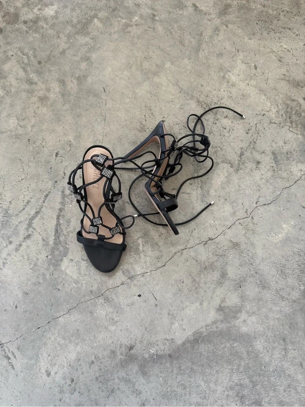SCHUTZ Black Rhinestone Lace-Up Stiletto Sandals